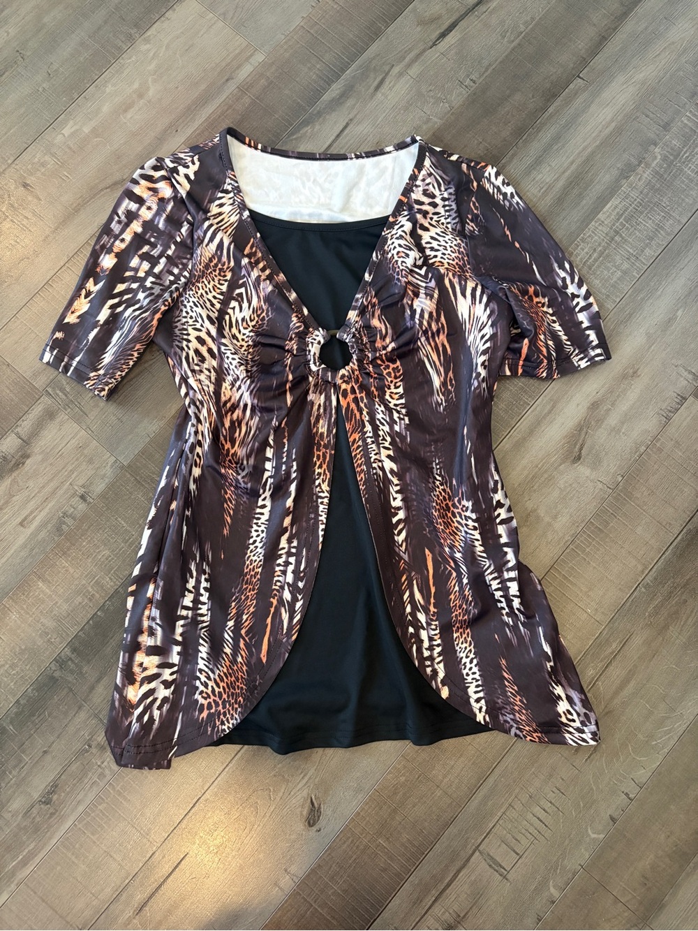 Ring-Front Animal Print Tunic Top in Brown